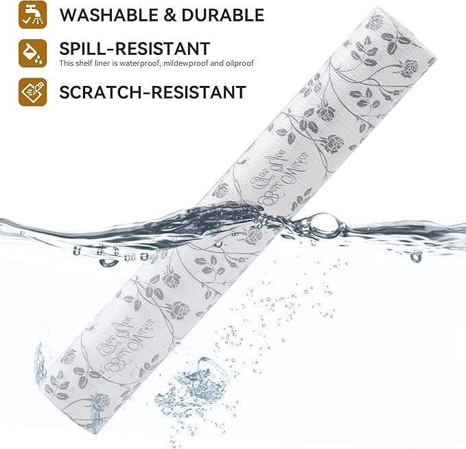 RAY STAR Shelf Liner, 12 Inch x 10 Feet Non Adhesive Floral Kitchen Cabinet Liner for Pantry Drawer Vanity, Strong Grip Non Slip, Wisteria Grey Shelf Liners for Kitchen Cabinets Cupboard - Image 2