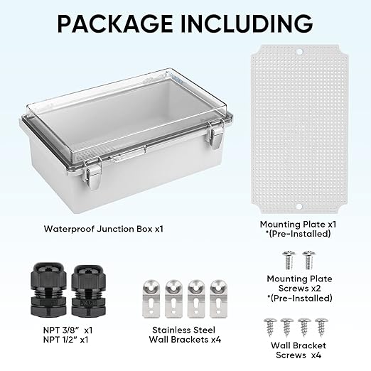 TICONN Outdoor Electrical Box Waterproof, Junction Box IP67 ABS Plastic Enclosure with Hinged Cover with Mounting Plate, Wall Brackets, Cable Glands (Clear, 10.2"x6.3"x3.9") - Image 6