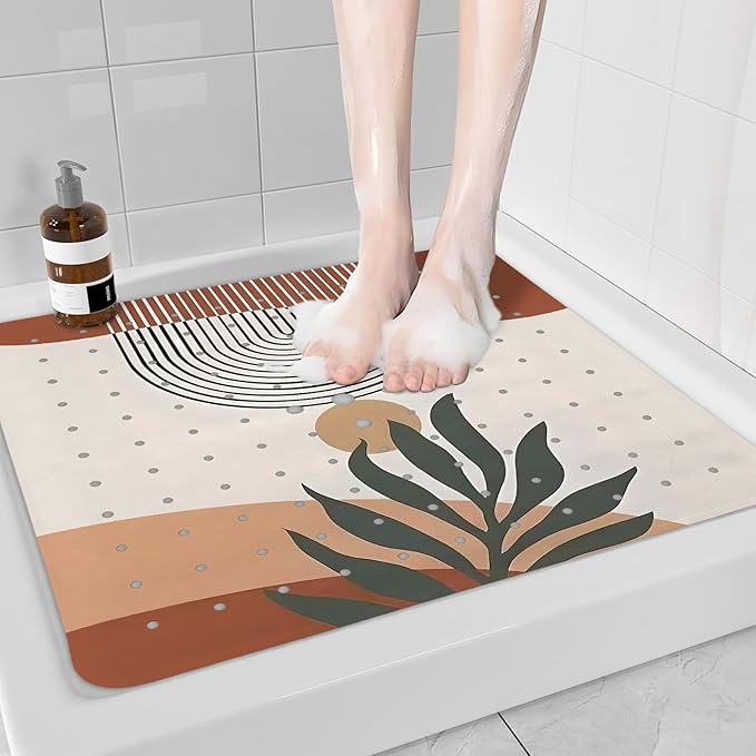 Leaves Square Anti Slip Shower Mats for Inside Shower Accessories, Boho Bath Mats for Bathroom Non Slip Shower Floor Mat Decor Rubber Bathmat with Suction and Drain Holes Machine Washable, 21″X21″ - Image 5
