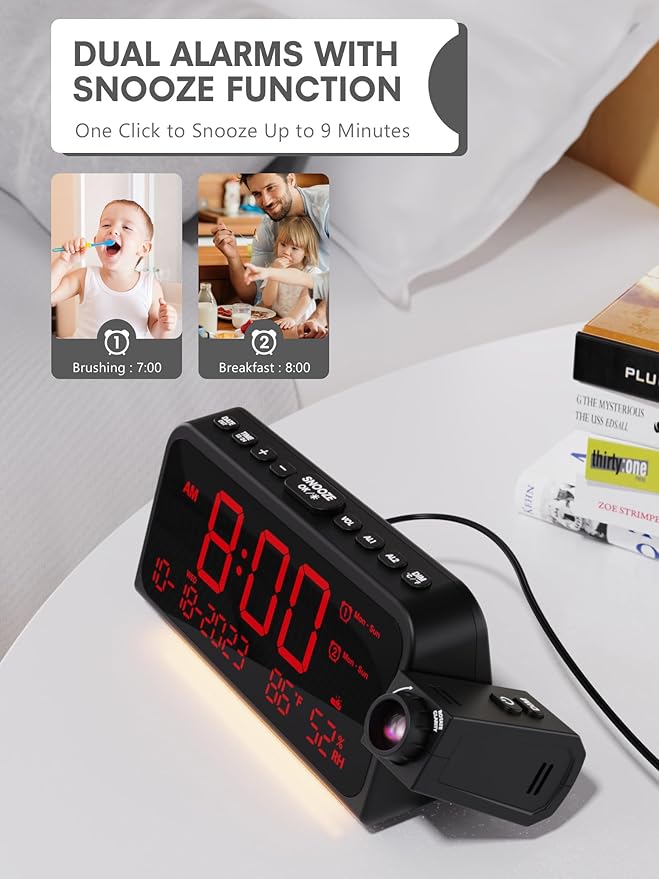 Projection Alarm Clock for Bedroom Ceiling, Digital Clock Projector with Weekday/Weekend Mode, Date, Temperature, Humidity, Type-C USB Charger, Night Light, Dual Alarms, DST, Dimmer,12/24H - Image 8