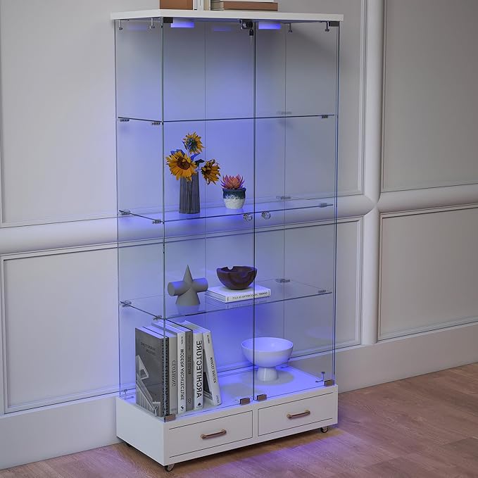 Yoluckea 4 Tier Glass Display Cabinet with LED Lighting and 2 Drawers, 2 Doors Floor Standing Curio Cabinet with Wheel for Home, Office, Corner Display, White Glass Bookshelf for Collections and Decor - Image 8