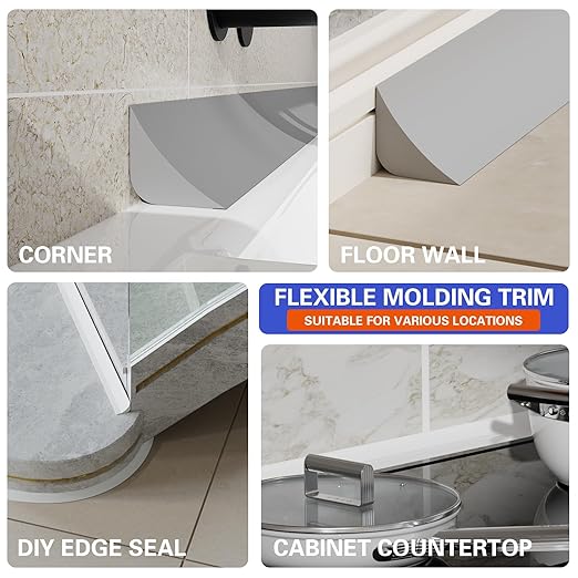 Flexible Molding Trim, Flexible Bendable Adhesive Caulking Strip, Molded Trim, Peel and Stick Home Decorative Edge for Bathroom, Kitchen, Floor, Wall (Grey, 0.83in x 0.24in x 3.3ft) - Image 7