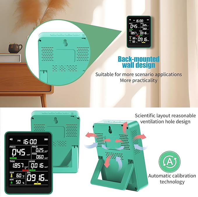XOOPON 13-in-1 Indoor Air Quality Monitor with PM1.0/2.5/10, CO2, HCHO, TVOC, Temp, Humidity & Time, 4 Alarm Modes, Portable Air Quality Tester for Home, Office, Car, Wall-Mount or Desktop Use - Image 5