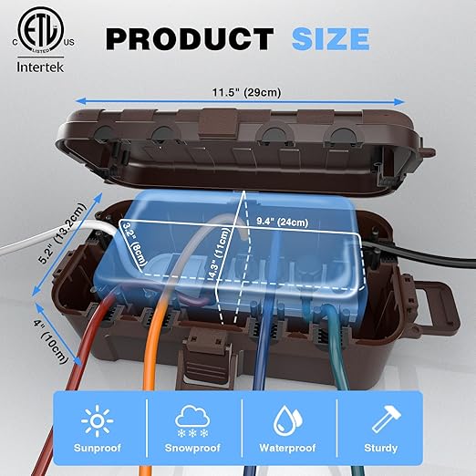 Flemoon [2 Pack] Outdoor Electrical Box Waterproof, Medium Weatherproof Electrical Box (11.5x5.2x4 inch) w/6 Cable Entry Ports, Extension Cord Cover for Power Strip, Timer, Plug, Holiday Light, Brown - Image 3