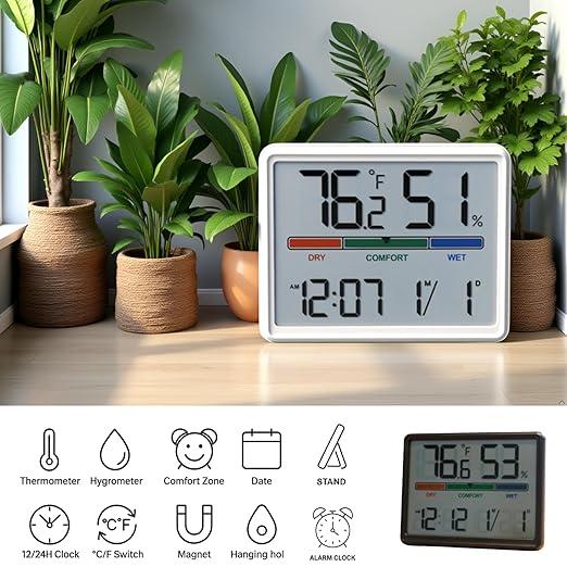 Digital Hygrometer Indoor Thermometer, Clock with Temp & Humidity, Temp Gauge with Comfort Indicator, Wall/Magnetic/Desk Alarm Clock for Bedroom, Baby Room, Office, Kitchen, Garage (Black) - Image 4