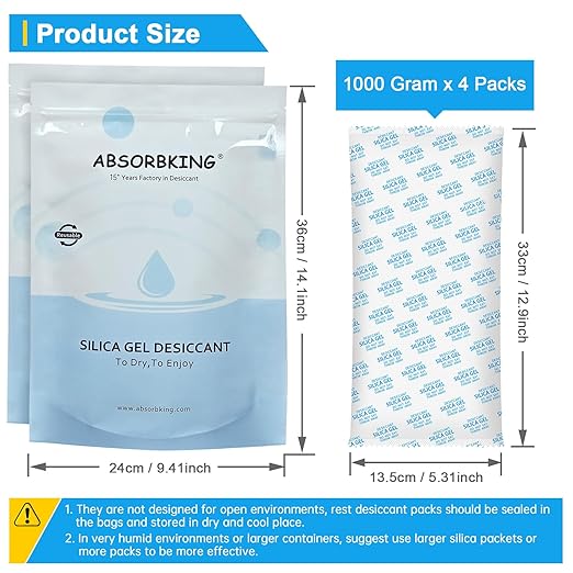 Large Desiccant Packs, 1000 Gram 4 Packs Container Desiccant, Silica Gel Car Dehumidifier by Reusable, Large Moisture Absorbers for Electric Tool, Basement, 3D Filaments and Safes - Image 6