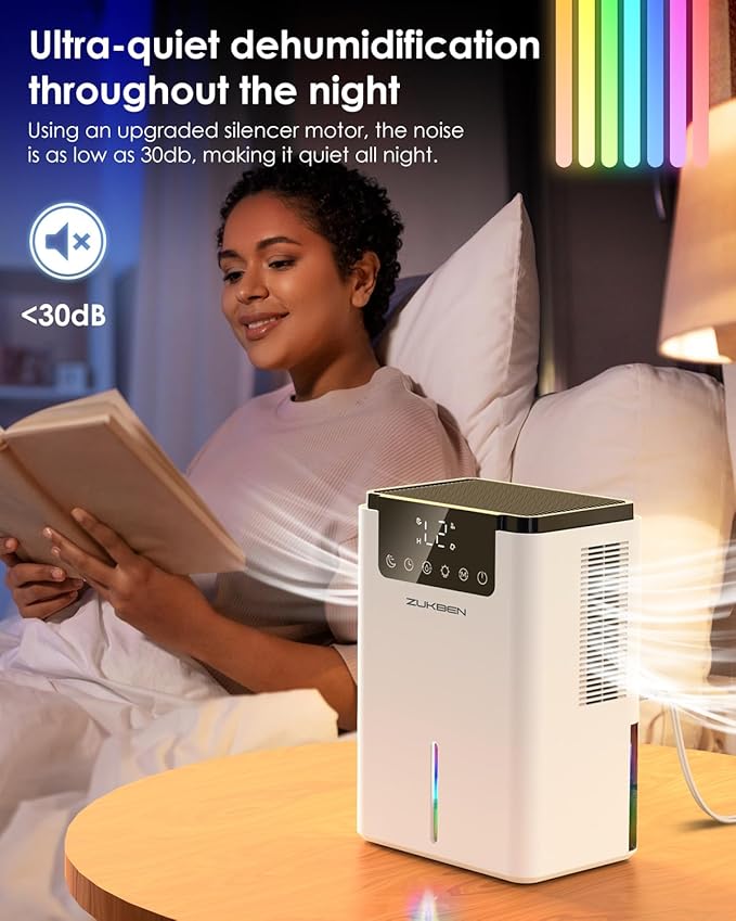 Dehumidifier,75 OZ Quiet Dehumidifier for Home Bedroom Bathroom RV Closet with Timer,Auto Shut Off,Sleep Mode,7 Colors LED Light (2200ML) - Image 4
