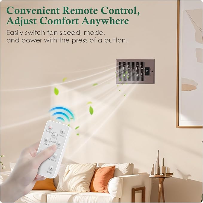 Register Booster Fan 6" x 10" with Negative Ion, Manual Airflow Direction Control, Quiet 10-Speed Heating Cooling AC Vent Fan with Remote & Thermostat Control for Wall Floor, Bronze - Image 5
