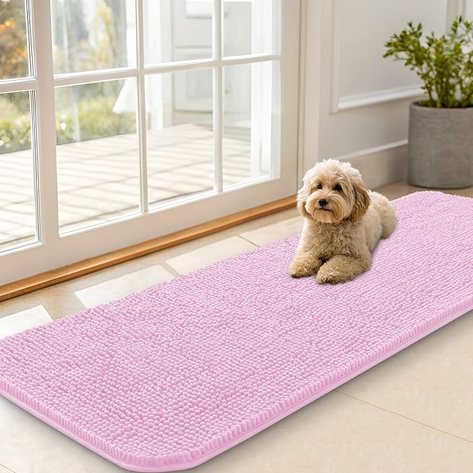 OLANLY Dog Door Mat for Muddy Paws 59x20, Absorbs Moisture and Dirt, Absorbent Non-Slip Washable Doormat, Quick Dry Chenille Mud Mat for Dogs, Entry Indoor Entryway Carpet for Inside Floor, Pink by OLANLY