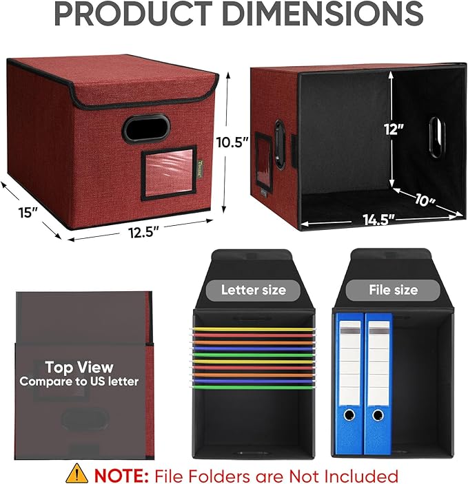 BALEINE Modern Red File Storage Box with Lid, Collapsible File Folder Organizer, 2 Pack, 15x12.5x10.5 inches - Image 2