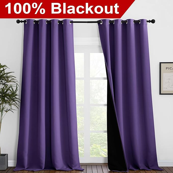 NICETOWN 100% Blackout Blinds, Set of 2, 52 inches x 120 inches, Laundry Room Decor Window Treatment Curtains for Large Patio Sliding Door, Thermal Insulated Lilac Purple Curtains for Bedroom - Image 2