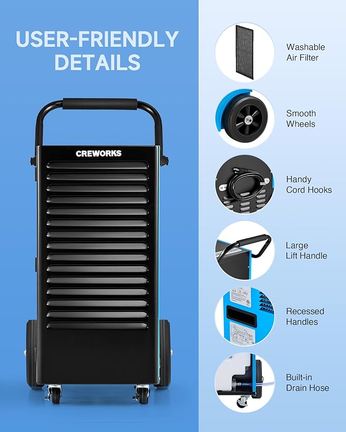 CREWORKS 180 PPD Commercial Dehumidifier, 180 Pint Dehumidifier for Basement with Wheels Drain Hose, Portable Professional Basement Dehumidification with Auto Defrost Display Panel - Image 4