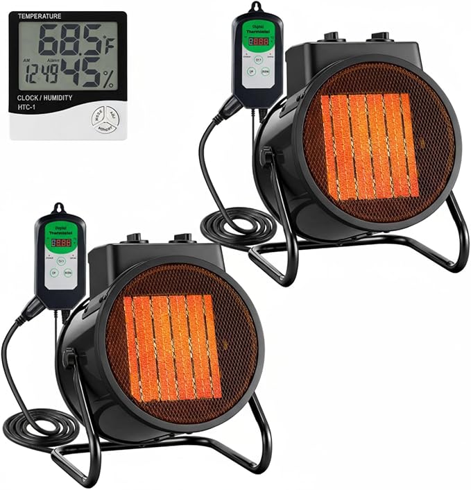 Greenhouse Heater with Thermostat & Hygrometer, 1500W/750W/24W Plant Heater Fan, Adjustable Temperature 40°F-108°F Patio Heaters for Outdoor Use Tents Winter Grow Garage Indoor(Black,2 Pack) by Dreyoo