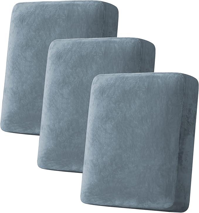H.VERSAILTEX Velvet Stretch Couch Cushion Cover Plush Cushion Slipcover for Sofa Cushion Furniture Protector Seat Cushion Sofa Cover (3 Piece Sofa Cushion Covers, Stone Blue) by HVERSAILTEX