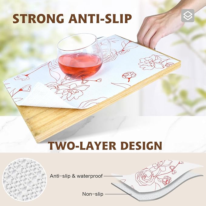 Shelf Liners for Kitchen Cabinets 12in x 20FT Non Adhesive Drawer Liner Red and White Floral Thickened Shelf Liner Paper Strong Non-Slip Easy to Clean for Tool Box with Knife and Tape Measure - Image 2