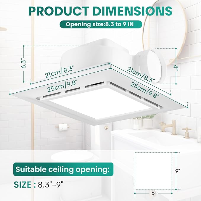 9.8" Panel Bathroom Exhaust Fan with Light, Bathroom Ventilation Fan with 12W 6500K LED Light, 120 CFM 1.0 Sones Low Noise, 4 Inch Duct Quiet Square Fan for Home Bath Restroom Hotel Office - Image 3
