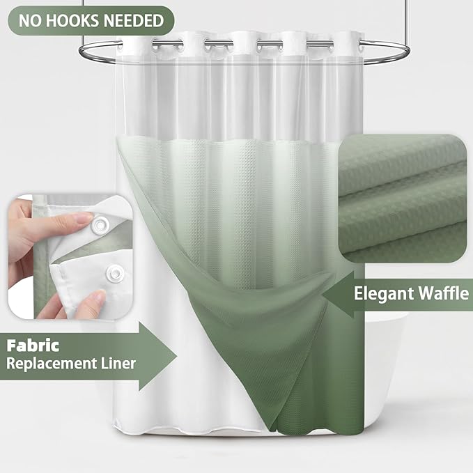 No Hook Shower Curtain and Liner Set,Ombre Green Hotel Waffle Shower Curtain with Liner 75" L x 72" W - Image 2