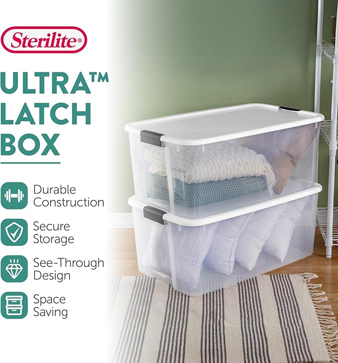 Sterilite 16-Pack Ultra Latching Box, Storage Bins with Lids, Clear Plastic, 116 Quart - Heavy-Duty Organizing Containers for Closet, Bathroom, and Office - Image 3