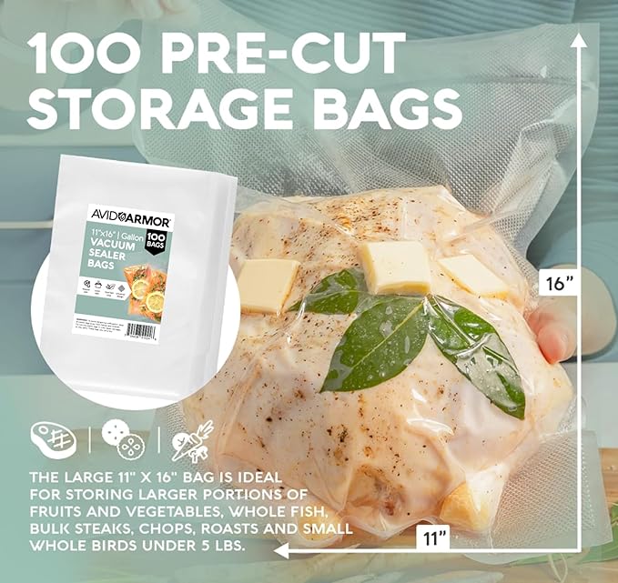 Avid Armor Vacuum Sealer Bags 100 Gallon 11"x16" for Food Saver, Seal a Meal Vac Sealers BPA Free, Heavy Duty Commercial Grade, Mea Prep and Sous Vide Vaccume Safe, Universal Design Pre-Cut Bag - Image 6