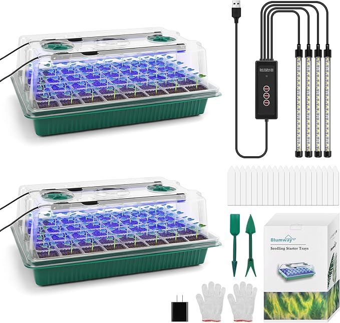 BlumWay Seed Starter Tray with Grow Light,2 Pack 80 Cells Seedling Tray Kit with Humidity Dome/Indoor Plant Starter Kit, Adjustable Brightness Plant Germination Trays by BlumWay