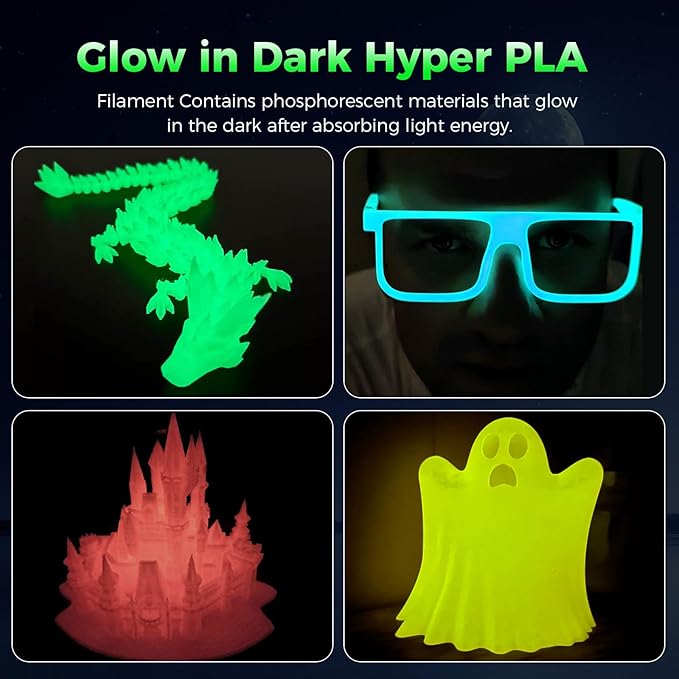 Creality Glow in The Dark Hyper PLA Filament, 3D Printer Filament Bundle, Hyper PLA Filament 1.75mm, Dimensional Accuracy +/-0.02mm, Fit Most FDM 3D Printers, 4 Pack 1kg Spool(Pink,Blue,Yellow,Green) - Image 8