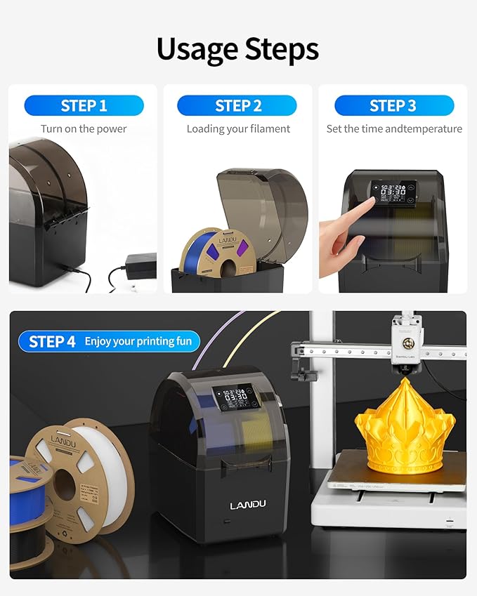 LANDU Filament Dryer 3D Printer Filament Dry Box,2 Spools Double Fast Heating Upgraded Filament Dehydrator Keeping Filaments Dry for 1.75mm/2.85mm One-Key Set for PLA PETG ABS TPU - Image 8