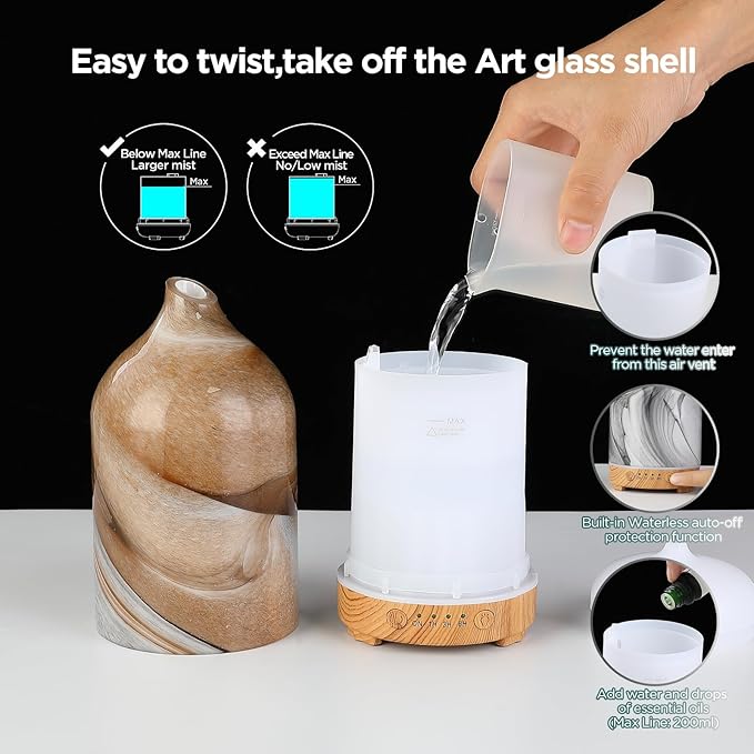 Essential Oil Diffuser Hand Blown Glass Aromatherapy Diffuser - Ultrasonic Cool Mist Scent Aroma Diffuser, Whisper Quiet with Auto Shut-Off, Timer Setting &7 Colors Night Light for Home - Image 7