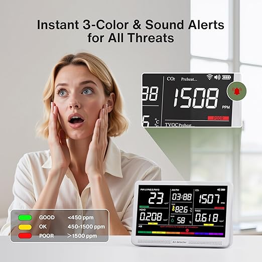 bonoch 16 in 1 Air Quality Monitor Indoor 7" Display 9 AQI+7 AQI Alerts, CO2 Monitor Air Quality Tester for CO2, TVOC, PM2.5 PM1.0 PM10, HCHO Temperature Humidity AQI & Time Air Quality Meter for Home - Image 4