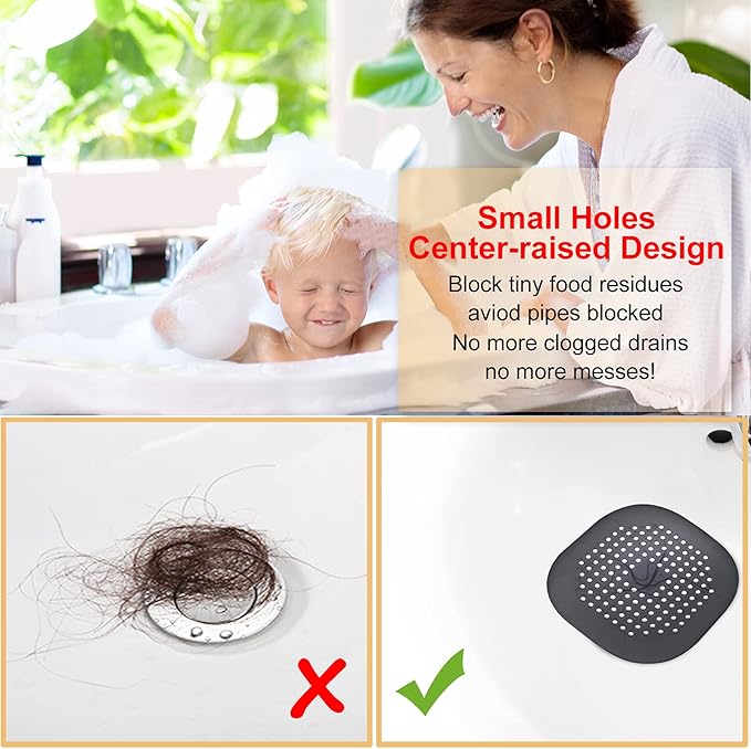 Hair Drain Catcher,Square Drain Cover for Shower Silicone Hair Stopper with Suction Cup,Easy to Install Suit for Bathroom,Bathtub,Kitchen 2 Pack (Black) - Image 3