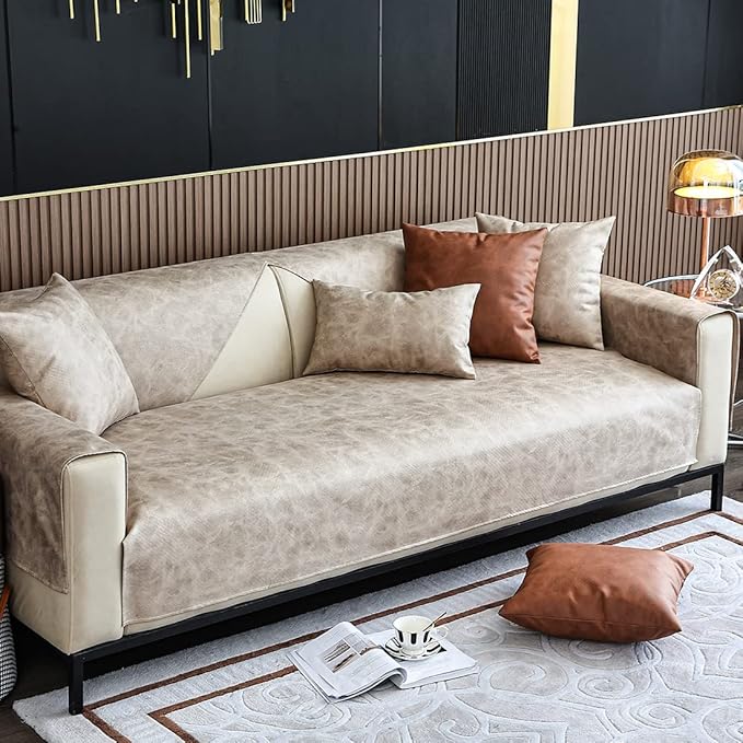 Faux Leather Waterproof Couch Sofa Cover Vintage PU Sectional Couch Cover Non Slip Sofa Slipcover Furniture Protector for Kids Dogs Cats (Cream,43"x43") - Image 3