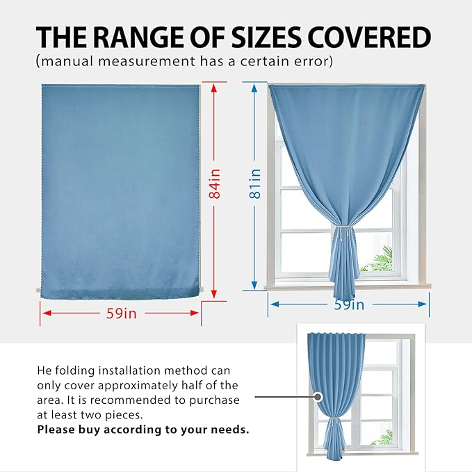 Magic Tape Stick on Portable Curtains for Windows,Bedroom Blackout Curtains for - Thermal Lnsulated No Drill Curtains Room Darkening Black Small Drapes(1 Panels,59Wx84L inch-Sky Blue) - Image 3