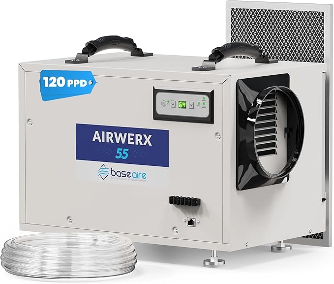 BaseAire Crawl Space Dehumidifier,113 Pint Dehumidifiers with Drain Hose for Basement, Commercial, Industrial, Portable, Auto Defrost, Memory Starting by BASEAIREDRYYOURCRAWLSPACEBASEMENT