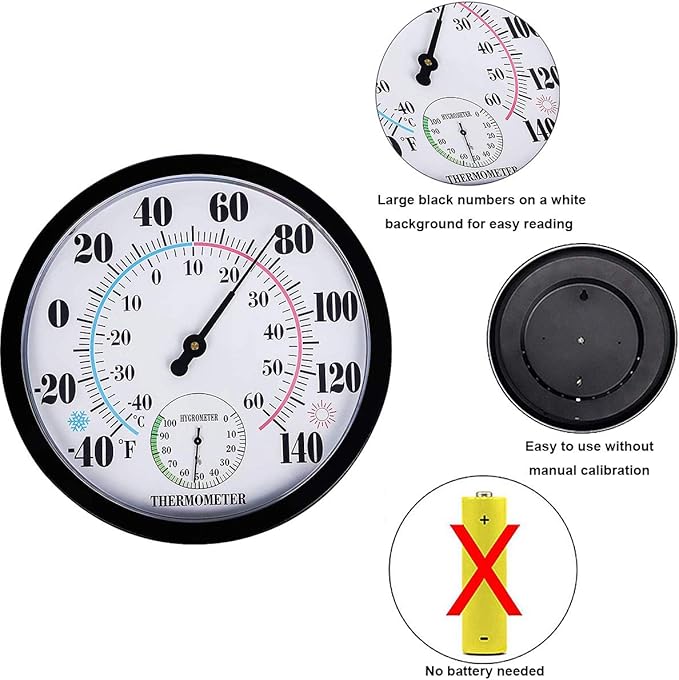 Indoor Outdoor Thermometer Hygrometer - Waterproof Hanging Wall Thermometer Decorative Outdoor Thermometer Large Numbers, No Battery Needed Outdoor Thermometers for Patio - Image 2