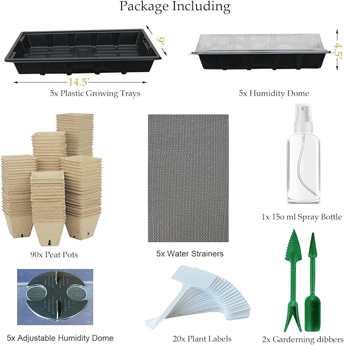 Seed Starter Kit with 100 Peat Pots for Seedlings Seed Starter Tray, 5 Plastic Growing Trays with Water Strainer 20 Plant Labels & 2 Garden Tools Outdoor or Indoor - Image 3