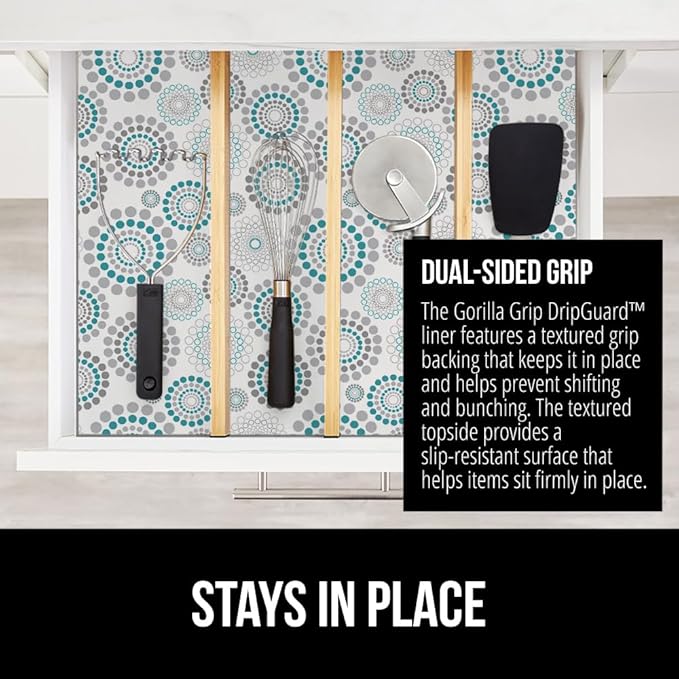 GORILLA GRIP DripGuard Shelf Liner, Non-Adhesive Drawer and Kitchen Cabinet Protector, 20x240 Inch, Strong Grip Slip Resistant Underside, Smooth Surface Liners for Cabinets, Bathrooms, Closets, Spiral - Image 4