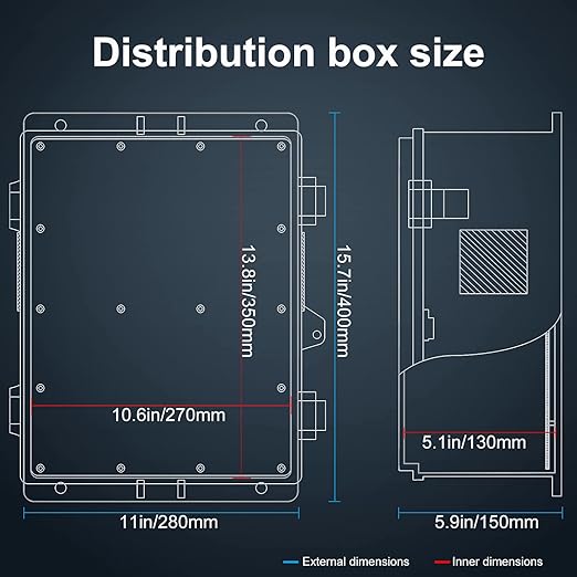 Outdoor Electrical Junction Box with High Power Outlet, 16" H* 12" L* 5.9" W, ABS Water Resistant Enclosure with Internal Mounting Panel & Hinged Cover. - Image 5
