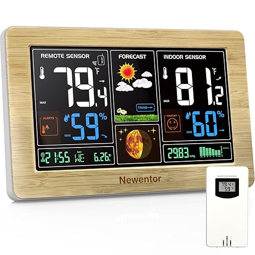 Newentor Weather Station Wireless Indoor Outdoor Thermometer, Color Display Digital Weather Thermometer with Atomic Clock, Barometric Pressure, Forecast Station with Adjustable Backlight, Wood by Newentor