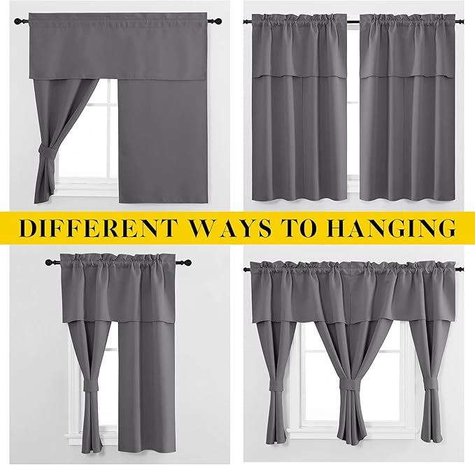 NICETOWN Short Curtains with Attached Valance for Small Window, Thermal Insulated Rod Pocket Room Darkening Curtains for Living Room, 52" Wide x 45" Long, 2 Panels, Grey - Image 2