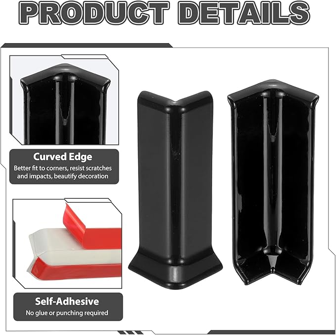 uxcell Self Adhesive Baseboard Corner Blocks, 4.07 Inch Wall Edge Corner Protector 2 Inside + 2 Outside Corners-Connector for Wall Floor Furniture Edge(Black) - Image 4