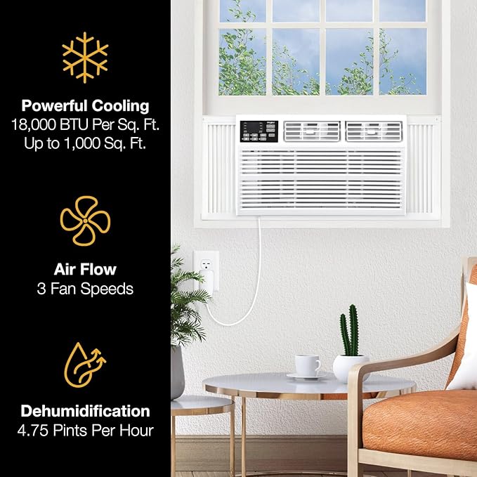 Whirlpool 18,000 BTU Window Air Conditioner with Dehumidifier, 230V, Window AC for Large Rooms up to 1000 Sq. Ft., Bedroom, Living Room, Apartment, with Remote, 3 Speeds, and 24H Timer, White - Image 8