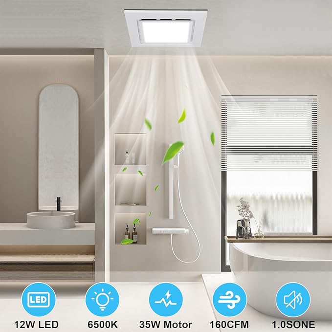 Bathroom Exhaust Fan with Light Ultra Quiet Ventilation Fan Combo 1.0 Sone 145CFM (Metal 13.5" Panel 12"x12" Mount) - Image 2