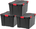 IRIS USA WeatherPro 74 Qt Storage Bins with Lids, 3 Pack, BPA-Free Plastic Gasket Box with Tight Latch and Seal, Stackable Nestable Tote Tub - Black/Red by IRISUSA