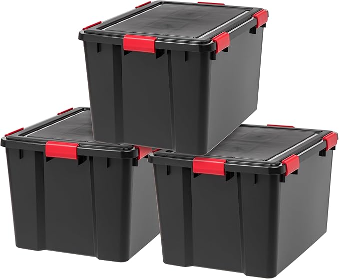 IRIS USA WeatherPro 74 Qt Storage Bins with Lids, 3 Pack, BPA-Free Plastic Gasket Box with Tight Latch and Seal, Stackable Nestable Tote Tub - Black/Red by IRISUSA