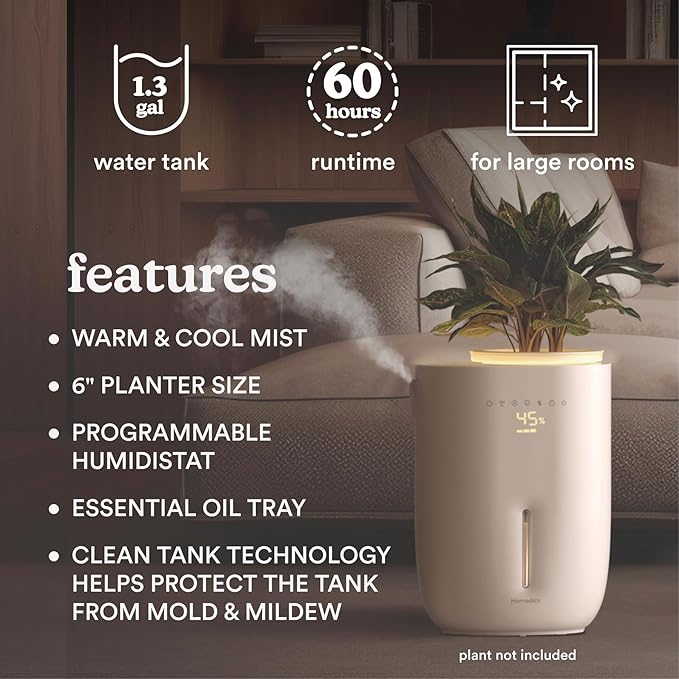 Homedics Natura Ultrasonic Warm & Cool Mist Humidifier, 1.3-Gal for Large Rooms, 60-Hr Runtime, Plant Holder, Programmable Humidity, Auto Shutoff, Nightlight Small Plant Compatible(Plant Not Included) - Image 3