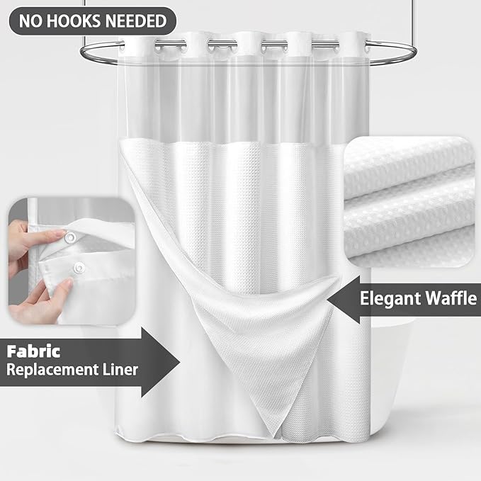 No Hook Shower Curtain and Liner Set,White Hotel Waffle Shower Curtain with Liner 78" L x 72" W - Image 3