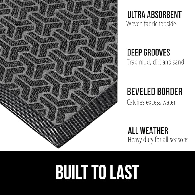 GORILLA GRIP 100% Waterproof All-Season WeatherMax Doormat, US Designed Natural Rubber, Stain and Fade Resistant, Low Profile Indoor Outdoor Door Mats, Easy Clean Patio Mat, 17x29, Slate Geometric - Image 2