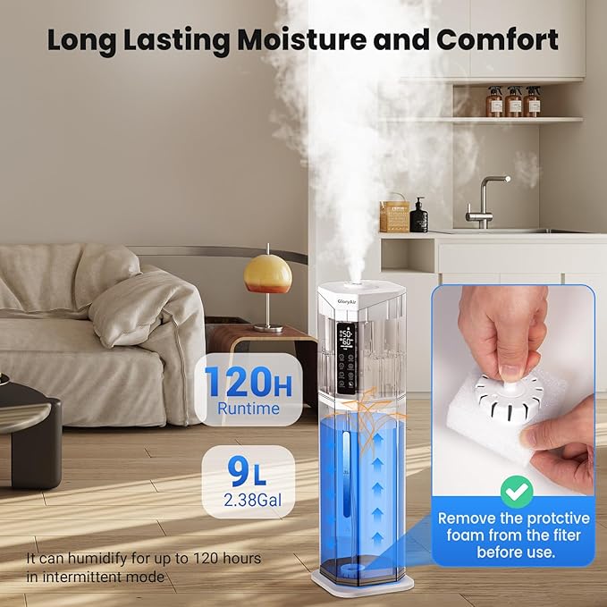 Humidifiers for Bedroom - GloryAir 2.38Gal/9L Top Fill Cool Mist Humidifier for Large Room 500ft² 120H Last with Auto Mode 7-Color Light Humidistat Aroma Box Quiet Humidifiers for Plants Baby & Adults - Image 4
