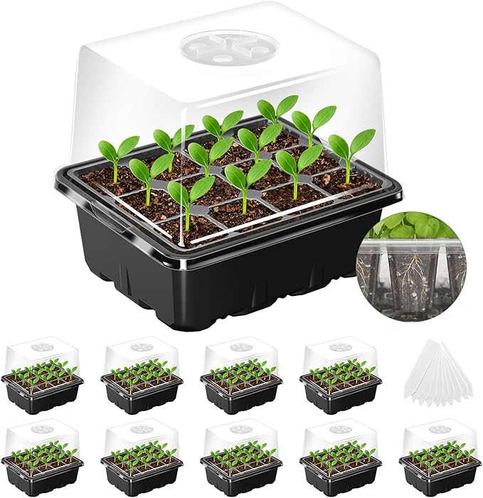 MIXC Seed Starter Tray with Elevated Lid, 120 Cells Seed Starter Kit with Adjustable Humidity Dome, Drainage Hole, Clear Heightened Lids for Indoor Outdoor Greenhouse Gardens, 10 Pack, Black by MIXC