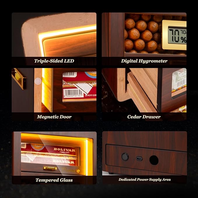 Desktop Cigar Humidor Cabinet Triple-Sided Light with Digital Hygrometer, Humidifier and Humidity Packs. 4 Ceder Wood Drawers, Cigar Humidor Box can Hold 200 Cigars. Present for Men - Image 7