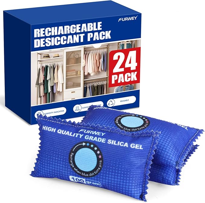 100g [ 24 Packs] Rechargeable Desiccant Packs for Storage, Color Indicating Silica Gel Desiccant Packets, Moisture absorbers for Storage,Dehumidifier bag for Closets,Cars,Storage Bins by FURWEY
